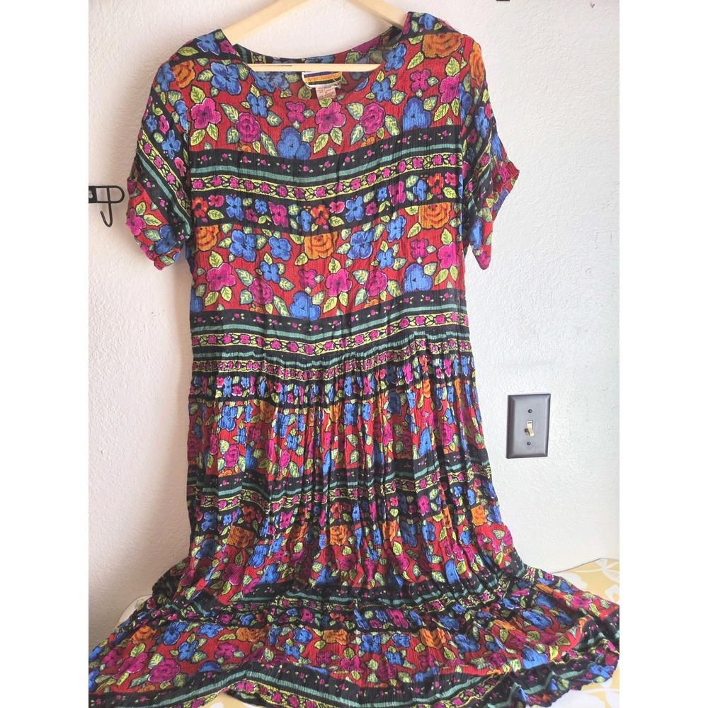 Vintage Bryn Connelly Dress Medium/large Black Blue Floral Peasant Boho Flowy